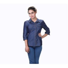 Womens Denim Solid Casual Collared Neck Shirt Navy Blue 